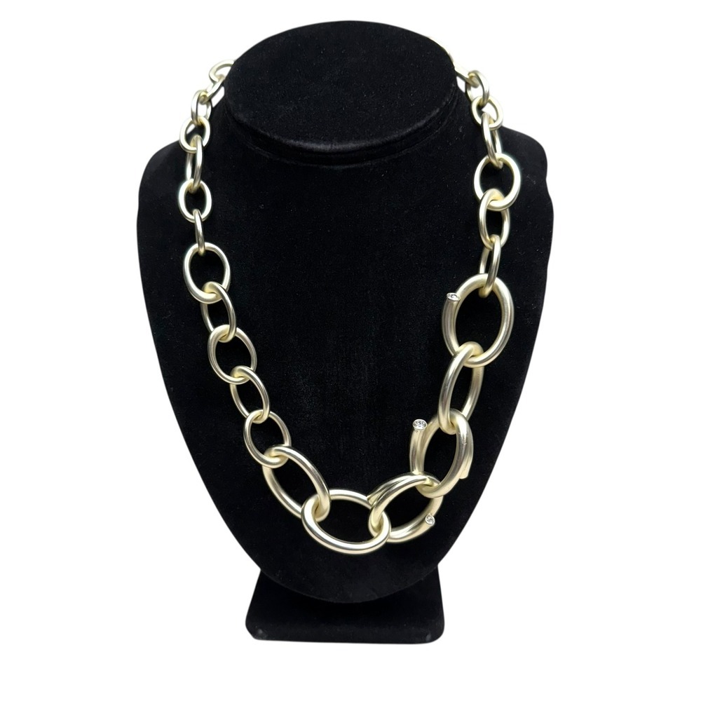 Chunky Gold Tone Chain Necklace Statement Toggle Clasp Rhinestone Accents 9.5inL